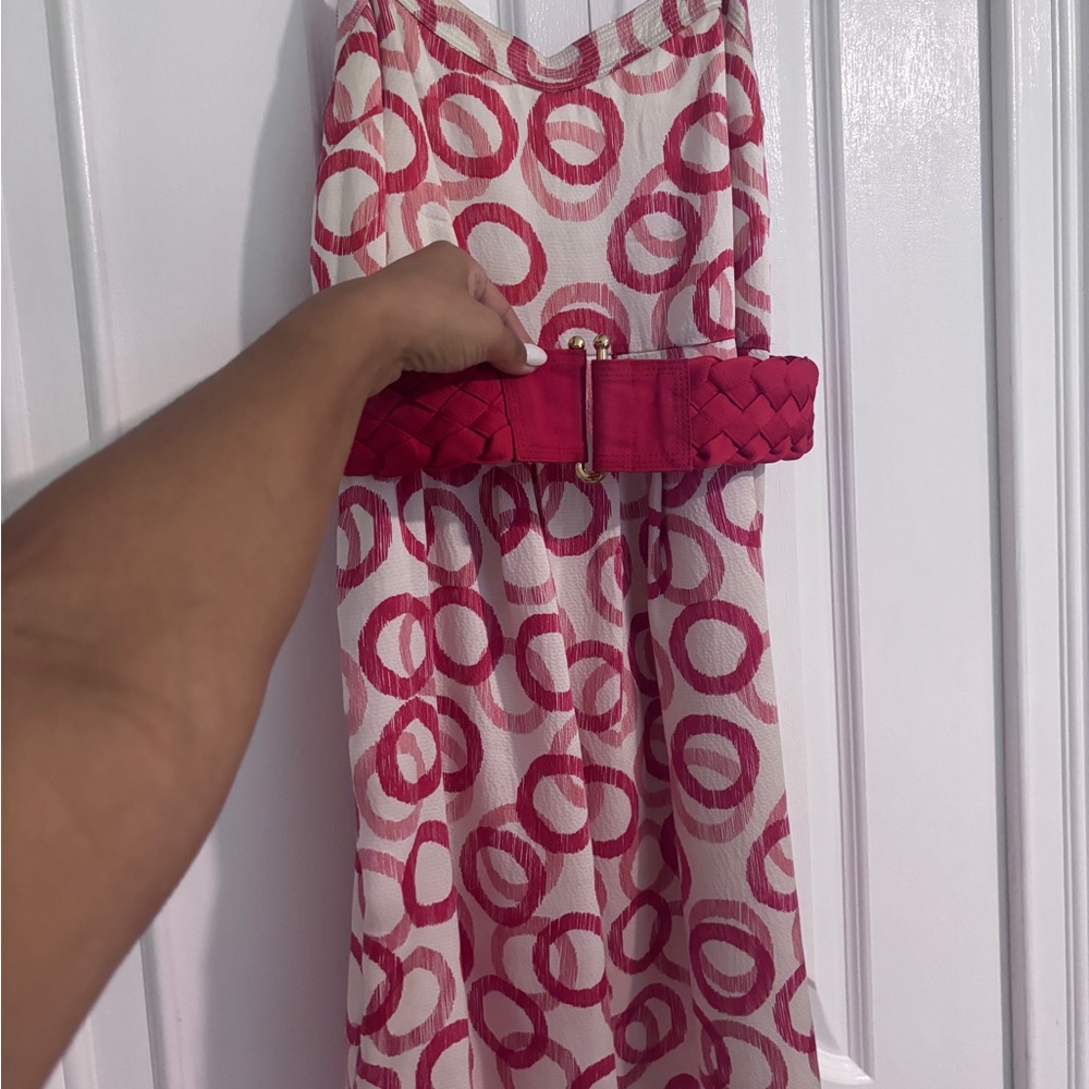 Red and White Patterned Dress with Belt